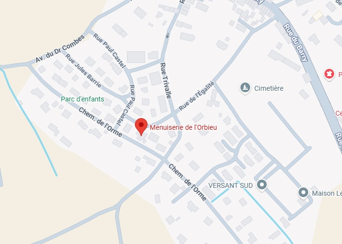 Localisation Menuiserie de l'Orbieu : Plan et adresses. Plan local de ville. La Menuiserie de l'Orbieu est pointée à l'intersection des rues Chem. de l'Orme et Rue de l'Égalité. Rues Paul Castel, Trivalle.