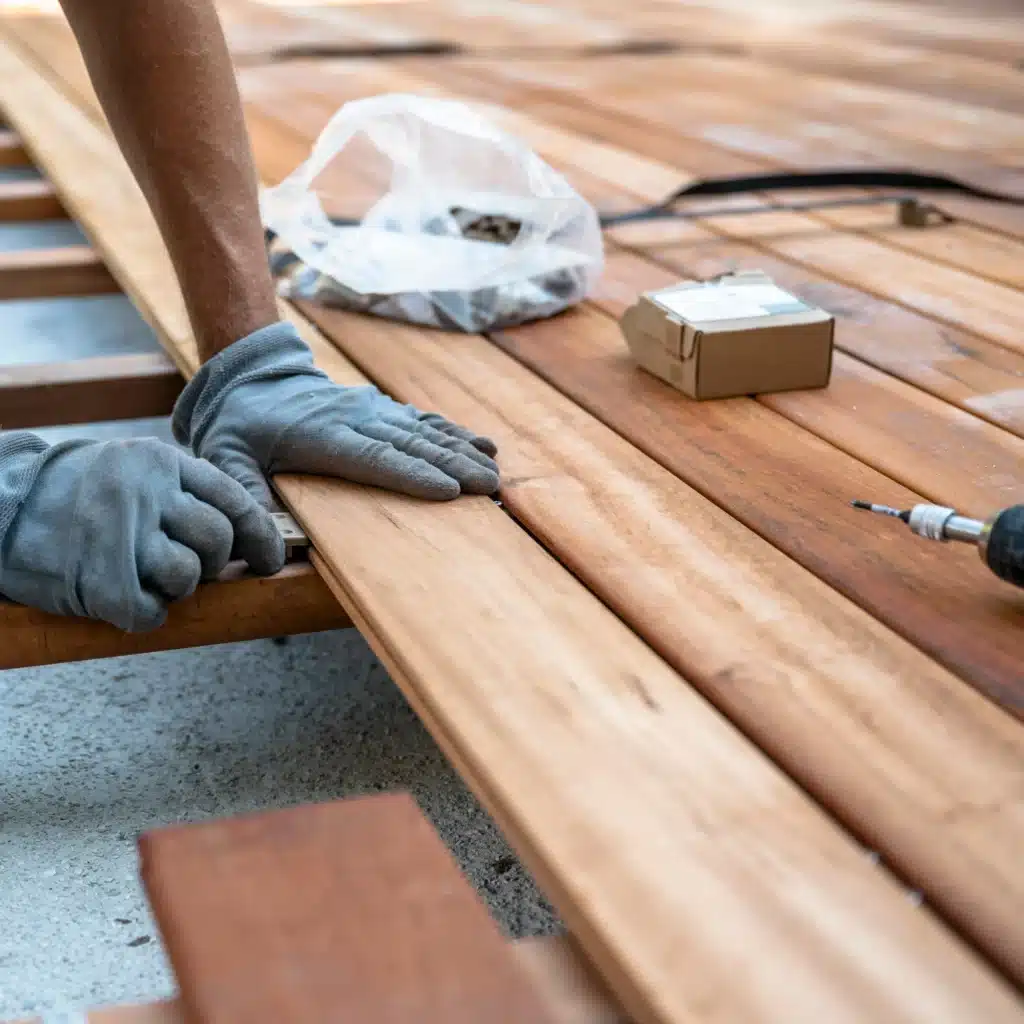 Installation de terrasse en bois : pose facile des lames de decking. Construction d'une terrasse en bois: mains gantées installant une planche de deck avec un clip de fixation invisible sur les lambourdes.